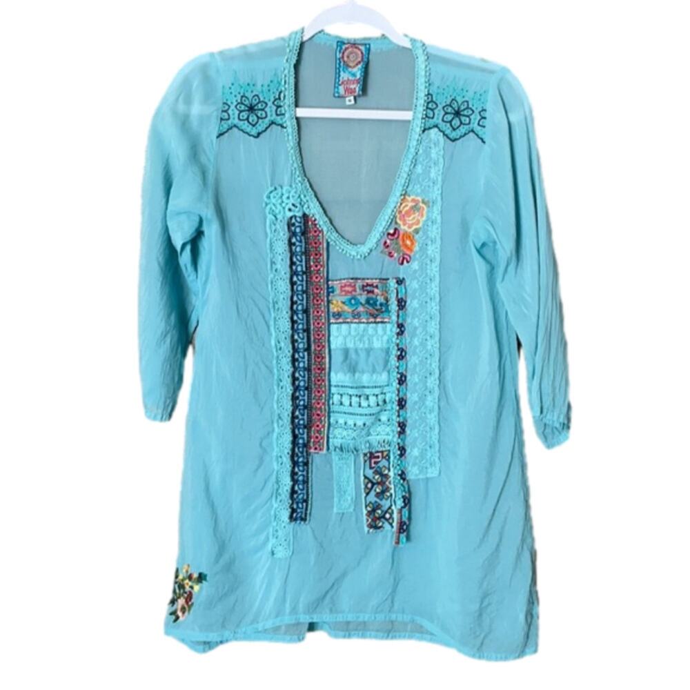 Johnny Was Semi Sheer Embroidered Tunic Top Eyelet Crop Sleeve Aqua Blue Small